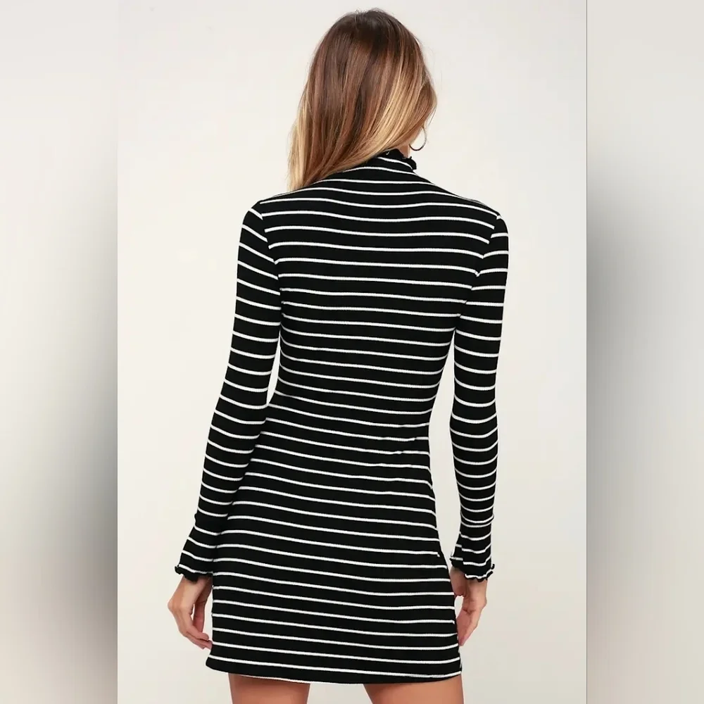 Lulus Charm Class Black and White Striped Long Sleeve Dress Size XL
